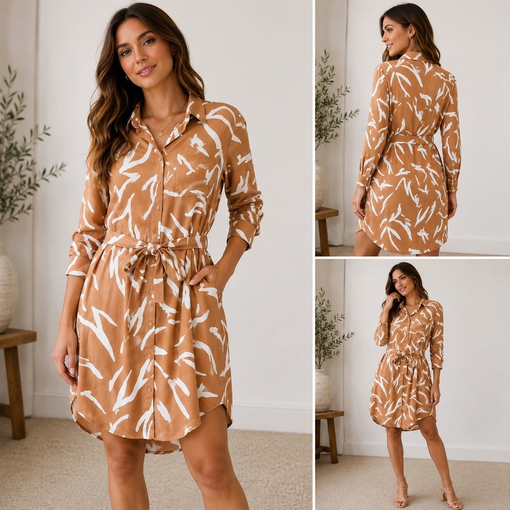 Daily Ritual Shirt Dress Tan White Abstract Print Belted Casual Size M